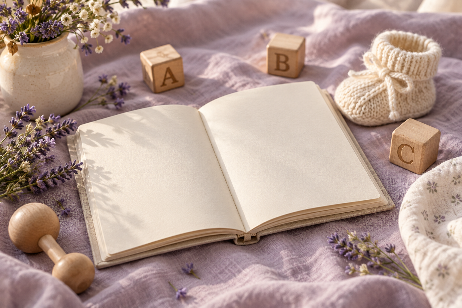 Livro de lembranças, letras de madeira e sapatinho de bebê sobre tecido lilás