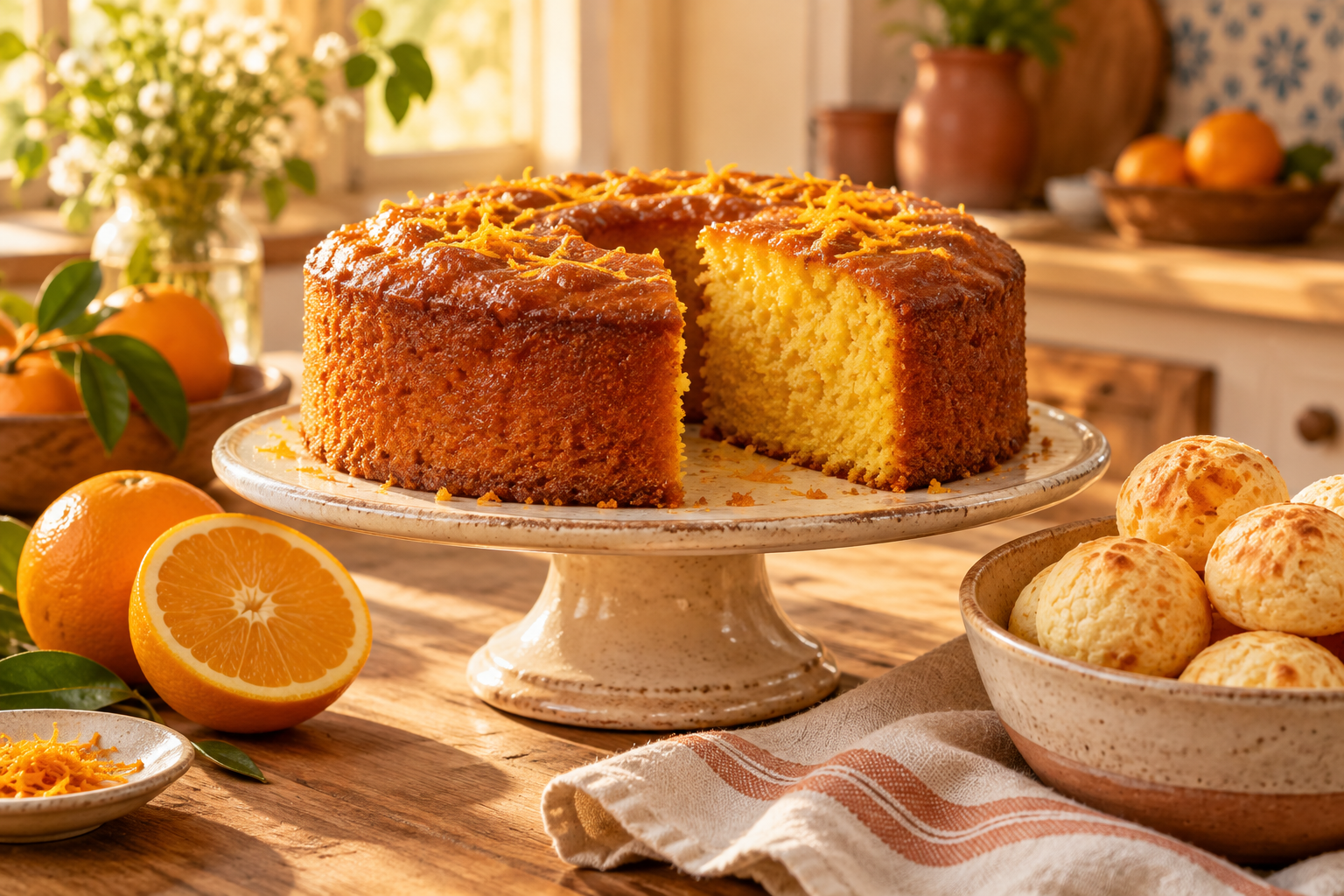 Bolo de laranja e pães de queijo em uma mesa iluminada pelo sol